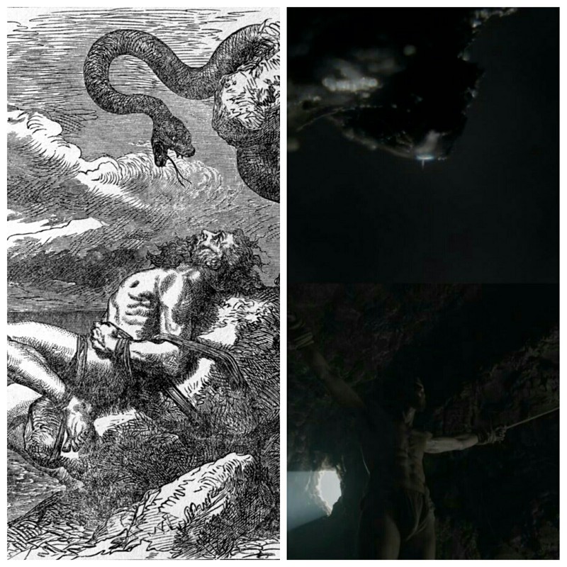 Loki punishment in the Northern saga .. bonded in a cave with snake poison stilling on his face. I really appreciate this reference