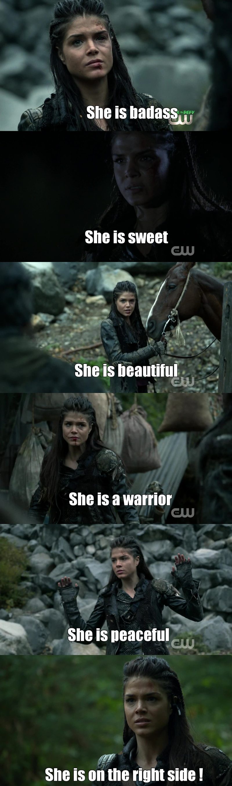 Octavia is such a good character, but she is not accepted to Arkadia because she help Grounder, and she is not accepted by Grounder because she stills a Skaikru. I really hope she'll reason Bellamy with.
Octavia est tellement un bon personnage, elle n'est pas acceptée par son peuple car elle aide les Grounders, et elle est pas acceptée par les Grounders parce qu'elle reste une Skaikru. J’espère vraiment qu'elle va ramener Bellamy à la raison !