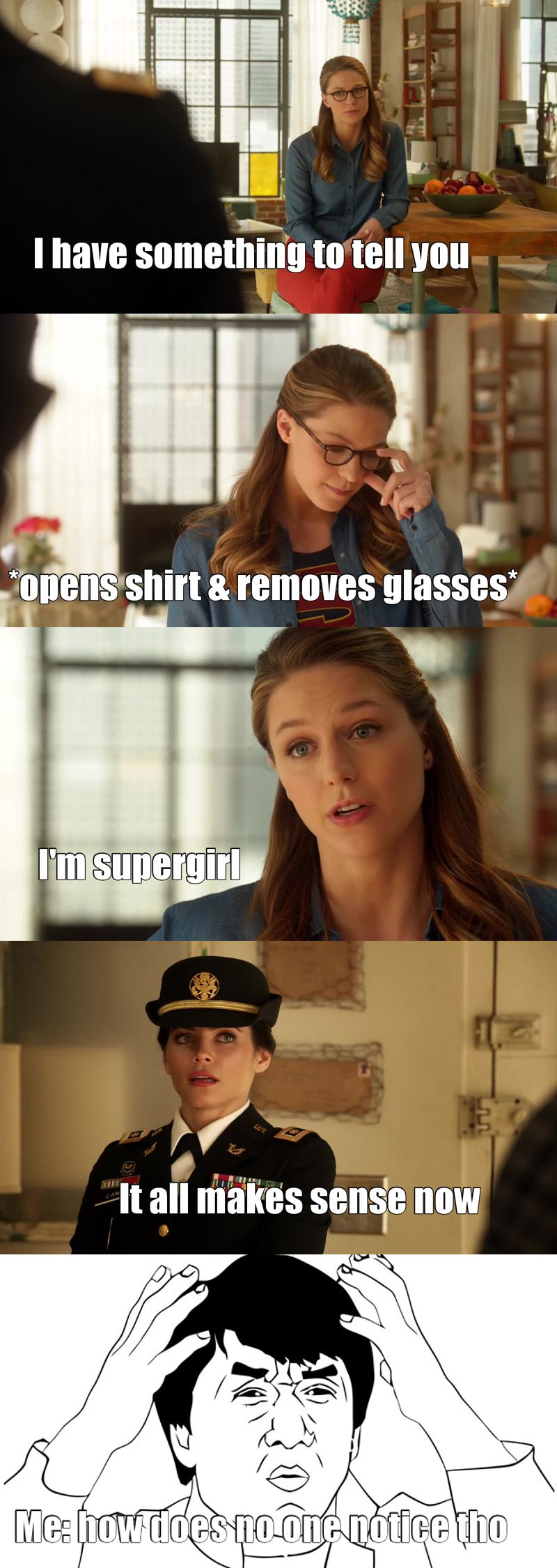It honestly blows my mind how in superhero shows or movies it's so hard for people to recognize who they are because of masks or in this case glasses. It's just so weird! Lmao