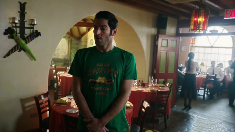 By far the most disturbing thing I've seen so far on this show: Lucifer in a t-shirt.