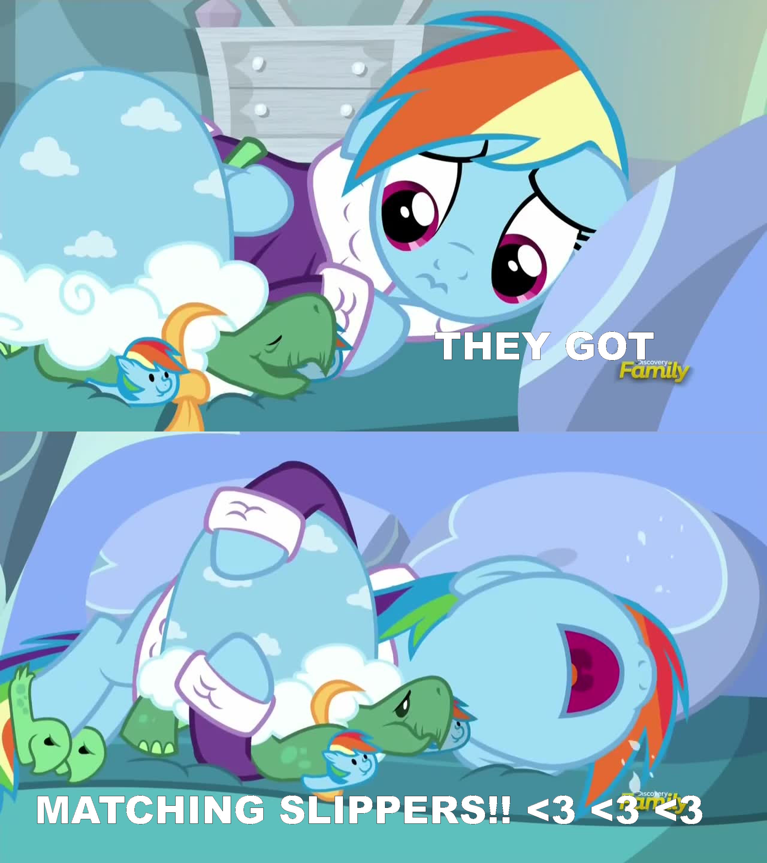 Adorable slippers, Tank & Rainbow Dash slippers, me wantz!
Other than that I really connected with this episode, I recently went through a similar situation where I could not stop crying and being sad. But it always feels better after crying it all out! ^_^