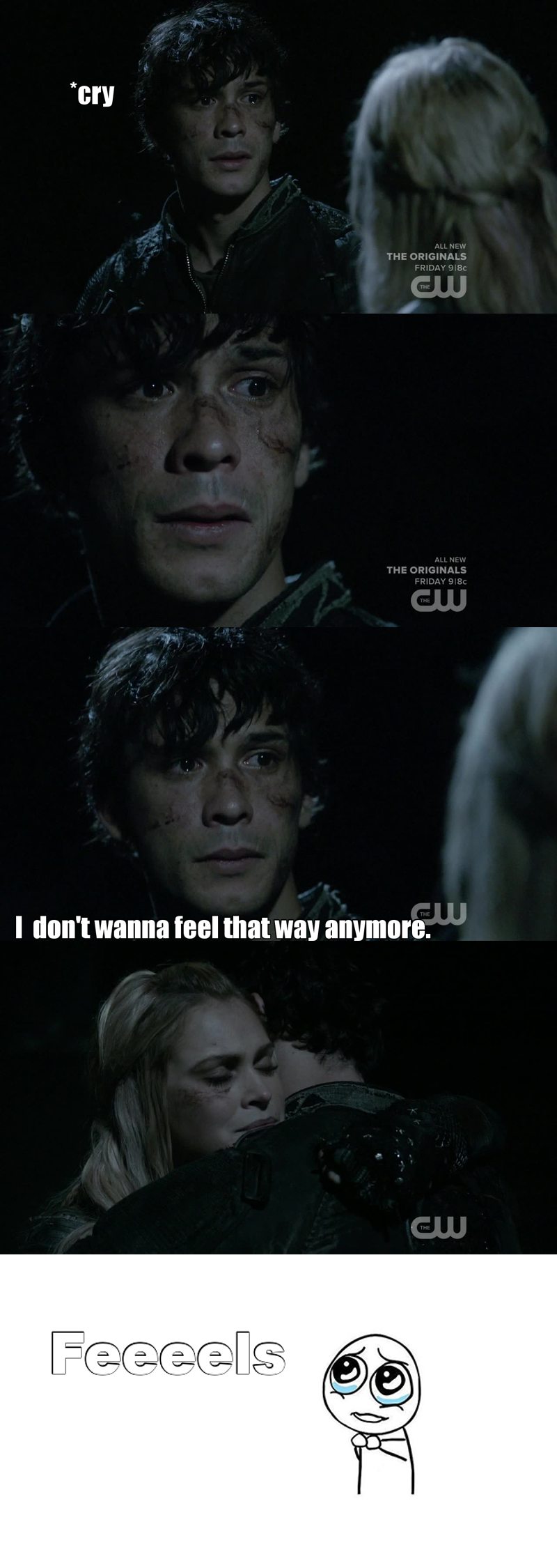 In front of Octavia, he always act like the tough guy to protect his sister. But in front of Clarke, all we can see is that he is suffering and he has a good heart.
My heart when i saw him cry. 💔😢😭