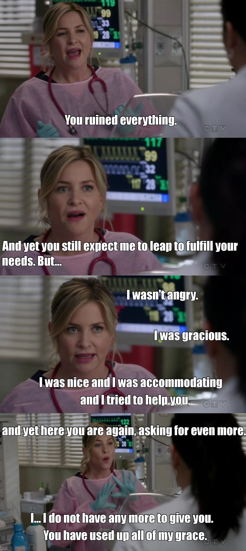 She finally let it out! Well said, Arizona! She can't kick you in the guts and expect you to do whatever she needs just because she feels sad for her own messed up life. Which, btw, she messed up herself.