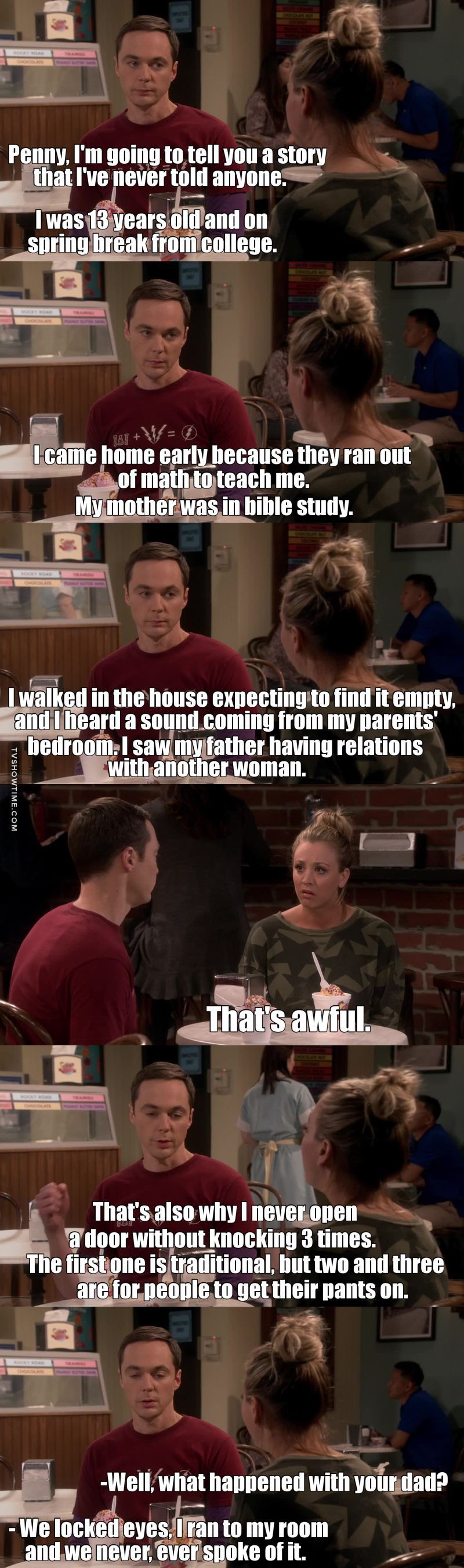 After 10 YEARS we finally know why Sheldon Cooper knocks 3 times... I've always found his knocking funny but the reason behind it is not funny at all :(