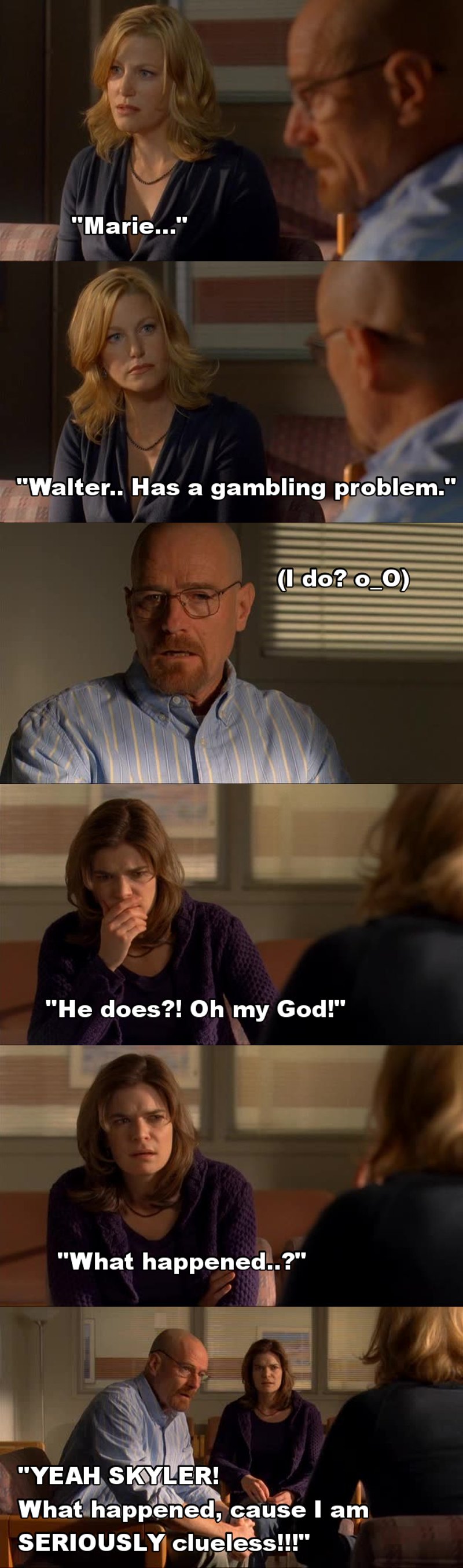 Great directing, and acting in this scene, by all of them! This scene alone made the whole episode worth watching.
But I am a bit surprised. Skyler is hesitant about using "drug money" to pay her bills and college for the kids etc, but spending "drug money" on a former DEA agent in order for him to recover.. Hank would seriously flip if he ever found out.