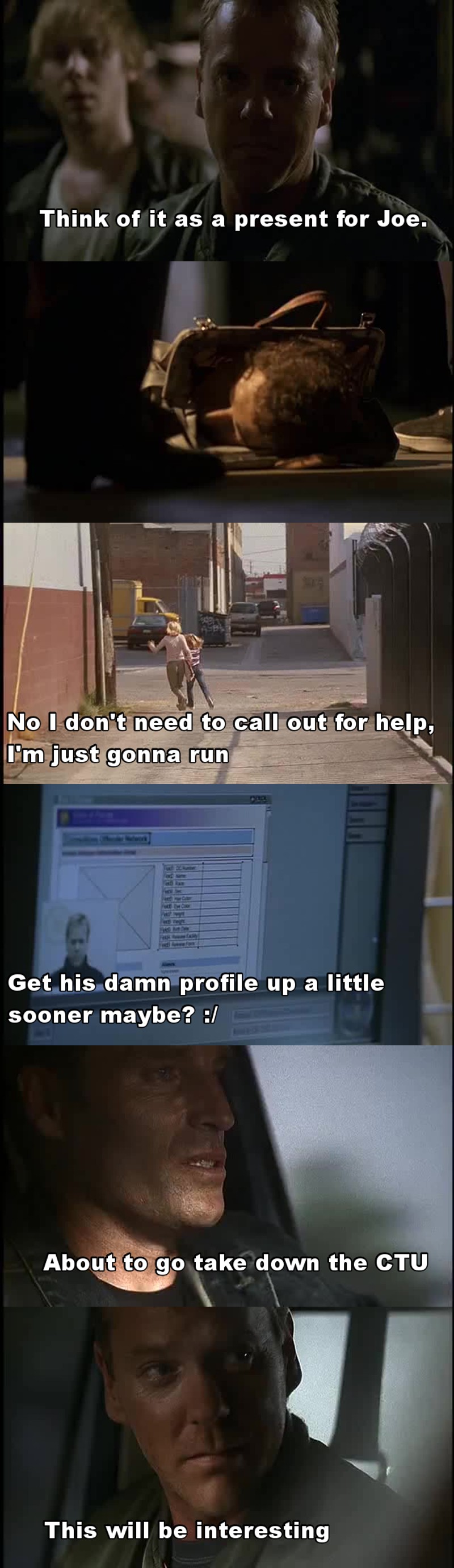 How does Kim keep falling into these kind of situations? :/
Lets get out of the big ass car, ignore the people everywhere, including an entire damn construction crew right down the alley, and run the other way :/