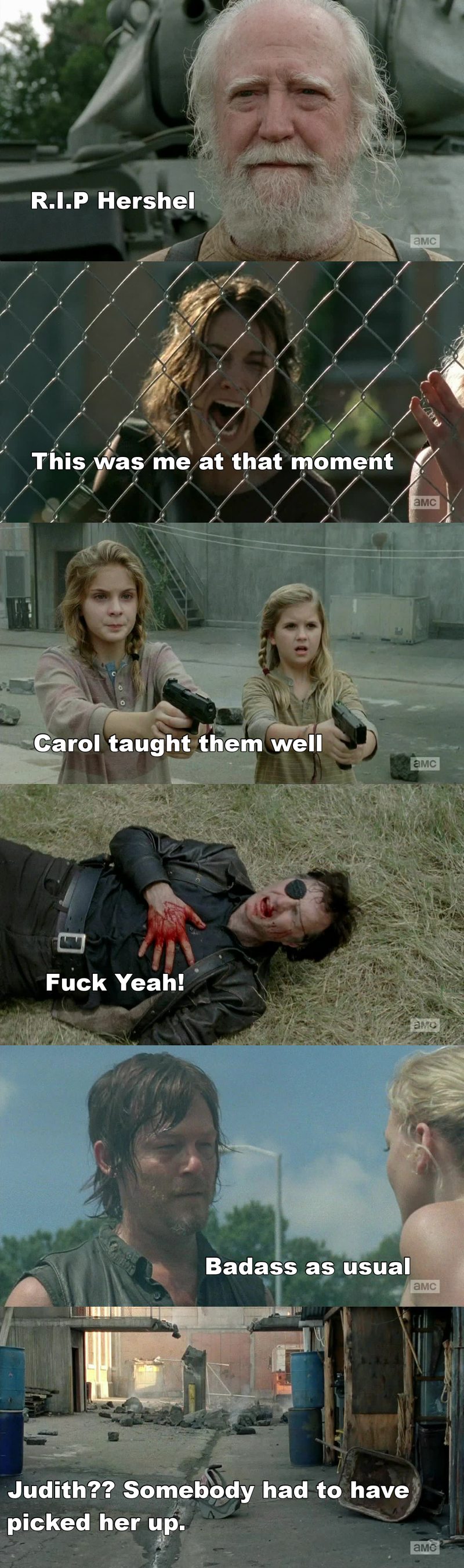 HOLY CRAP!
How can this much happen in one fucking episode. This felt more like a finale.
Hershel :'( From the moment that asshole put the sword on his neck I knew he wouldn't stop. Damnit that was difficult to watch
R.I.P Hershel.