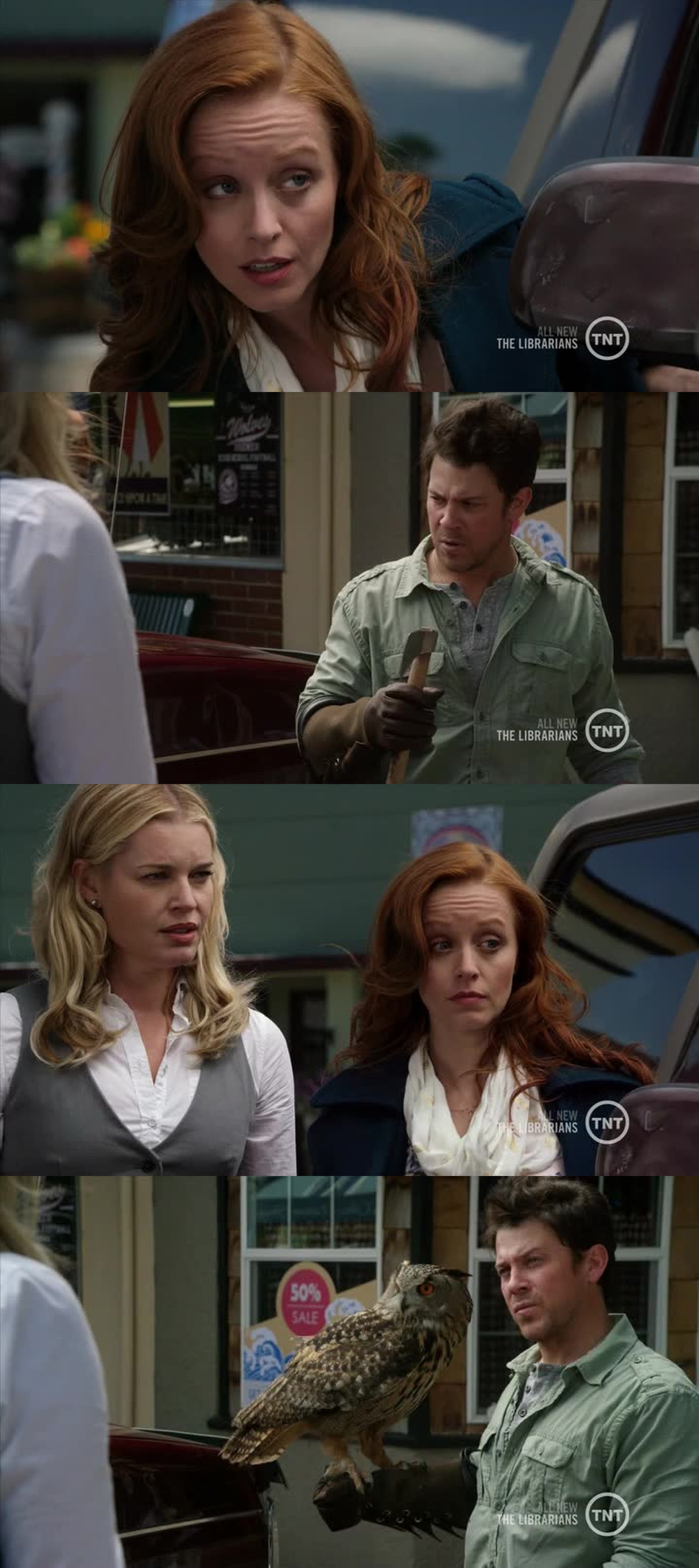 "We're being strange? Where'd you get the axe??"
"There's bird on you." LOL #TheLibrarians
