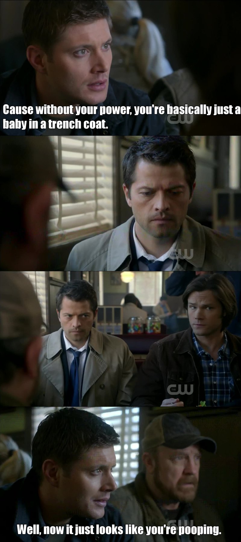 Actually, when Cas looked out of the window Misha didn't know his line. Then Jared made that joke ("You hurt his feelings") and the producers decided to keep this scene.