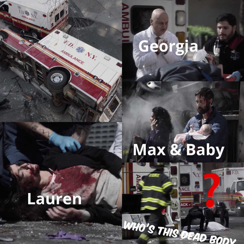 Very intense and Heartbreaking what a freakin Cliffhanger. I can’t wait I need to find Helen. I Accounted for everyone but I can’t find Dr. Helen Sharpe. Not sure who is under the white sheet but they’re dead and I won’t believe it’s Helen. Omg what a Tearjerker this was. I knew it would be emotional but the wreck just put everyone in total shock. Wow, 😭😭😭😭💔