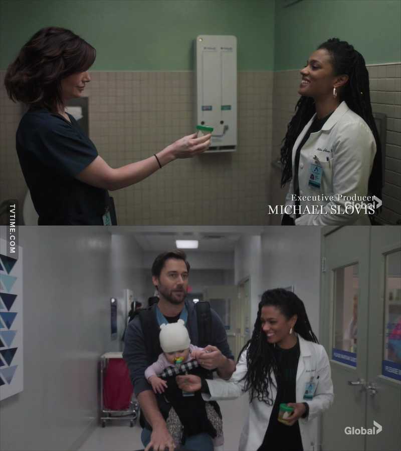 So Shape was holding the tub with the urine, which potentially had pee on the outside since it hadn't been washed after she was handed it. And then she touched baby's hand!!