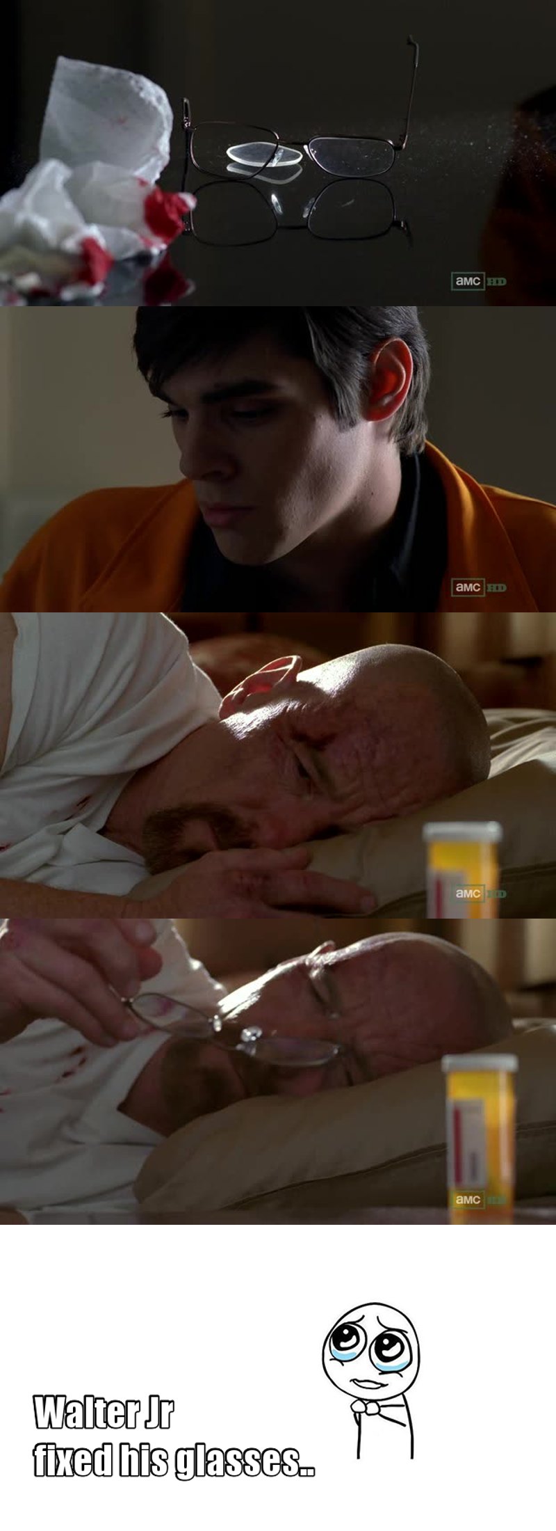 A lot of wow factors in this episode, but it's the first time I really have felt sad and heart broken on the behalf of the White's. Jesse has always been the one I've felt sorry for, but for Walter Jr to find his father beaten up and in a pill-alcohol haze on his 16th birthday.. Fuuuuuuu...... And the talk they had.. And we got to see that Walter Jr had gotten the glasses fixed, and the second talk, when he said it's the first time he felt his father was honest and real.. Wow, it all hit me right in the feels! Finally something quite genuine and extremely realistic in this show when it comes to emotions and relations! And so beautifully filmed, once again!