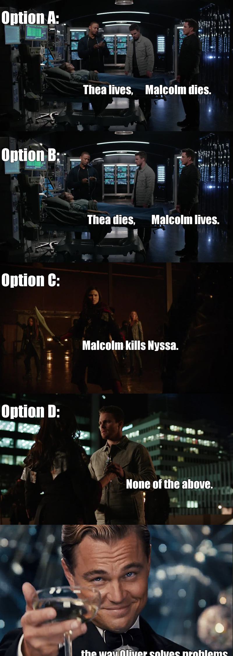 He always makes the right choice ..but this time not killing Malcolm means that Oliver's son will probably be killed by Damien.
